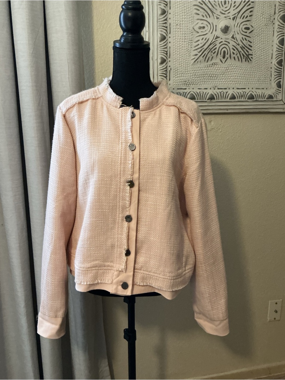 DKNY Pale Pink Tweed Collarless Button Jacket
